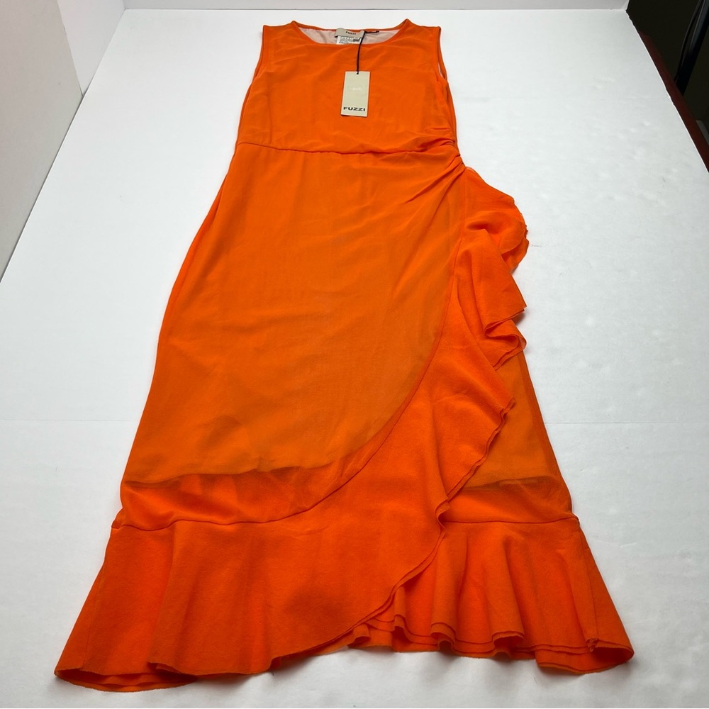 Fuzzi Ruffle Mesh Dress Sleeveless‎ Orange Size Medium Womens Midi Stretch NEW